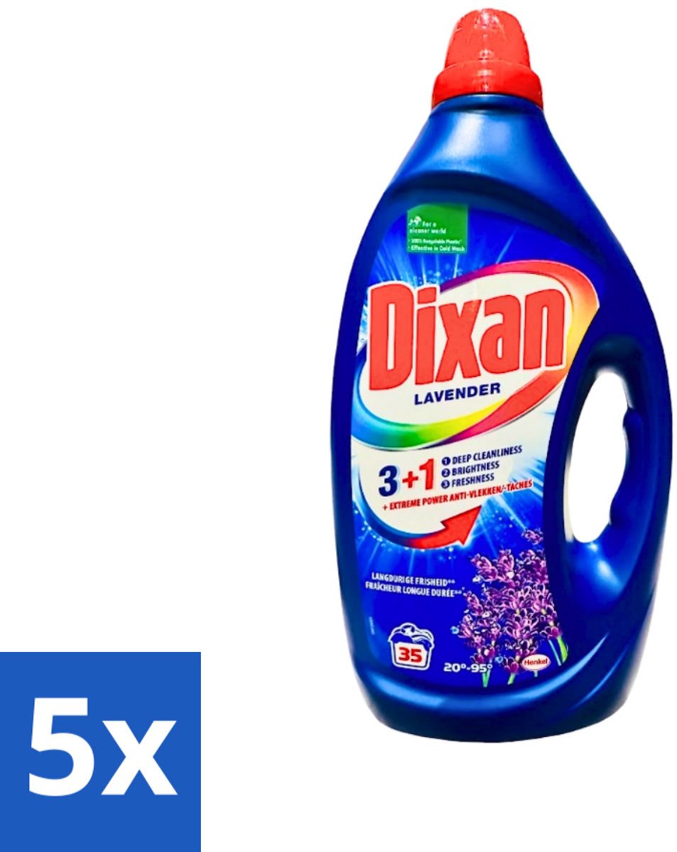 5 x Dixan - Vloeibaar Wasmiddel en Vlekverwijderaar - Witte en Gekleurde Was - Lavendel - 35 Wasbeurten - Vloeibaar Wasmiddel - Vlekverwijderaar - Wasmiddel Voor Witte En Gekleurde Stoffen - Lavendelgeur - Wasmiddel Voor Kleding