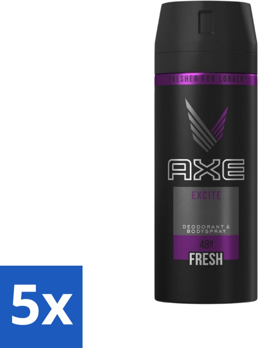 5 x Axe - Deodorant Bodyspray - 48hrs Fresh - Excite - 150 ml - 48 Uur Fris - Deodorant Spray - Kokosnoot Geur - Zwarte Peper Geur - Frisheid