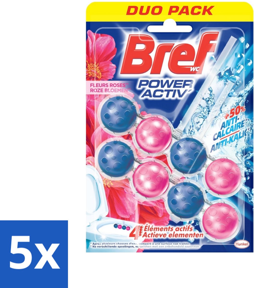 5 x Bref WC - Power Activ+ - Toiletblok - Verse Bloemen - 2 Blokken - Bloemen Geur Toilet - Reinigingsblok - Anti-kalk - Toilet Reinigen - Frisse Geur