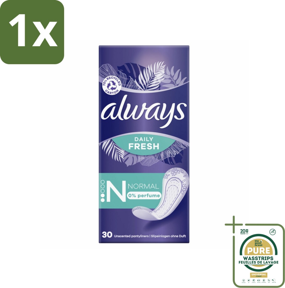 1 x Always Daily Fresh - Inlegkruisjes - Normaal - Ongeparfumeerd - 30 Inlegkruisjes- Inlegkruisjes - Geurneutralisatie - Actipearls - Dermatologisch Getest - Droog Gevoel
