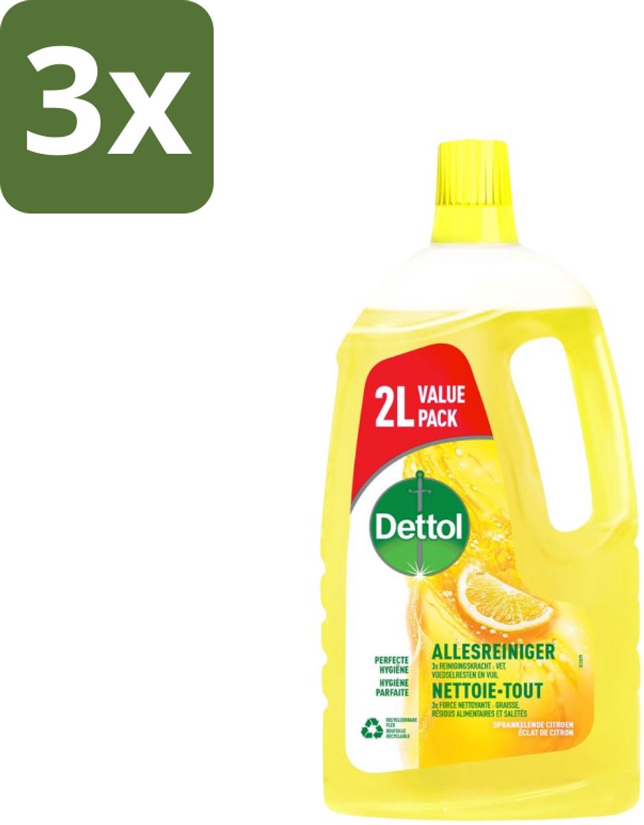 3 x Dettol - Allesreiniger - Sprankelende Citroen - Perfecte Hygiëne - 2L - Allesreiniger - Hygiëne - Citroengeur - Reiniging - Vet Verwijderen