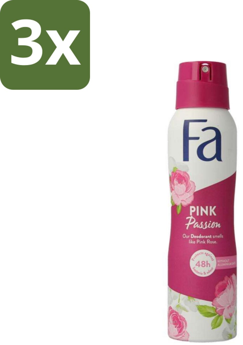 3 x FA - Pink Passion - Deodorant Spray - Roze Roos - 150 ml - Deodorant Spray - Anti-vlekken - Roze Roos - Huidvriendelijk - Frisheid