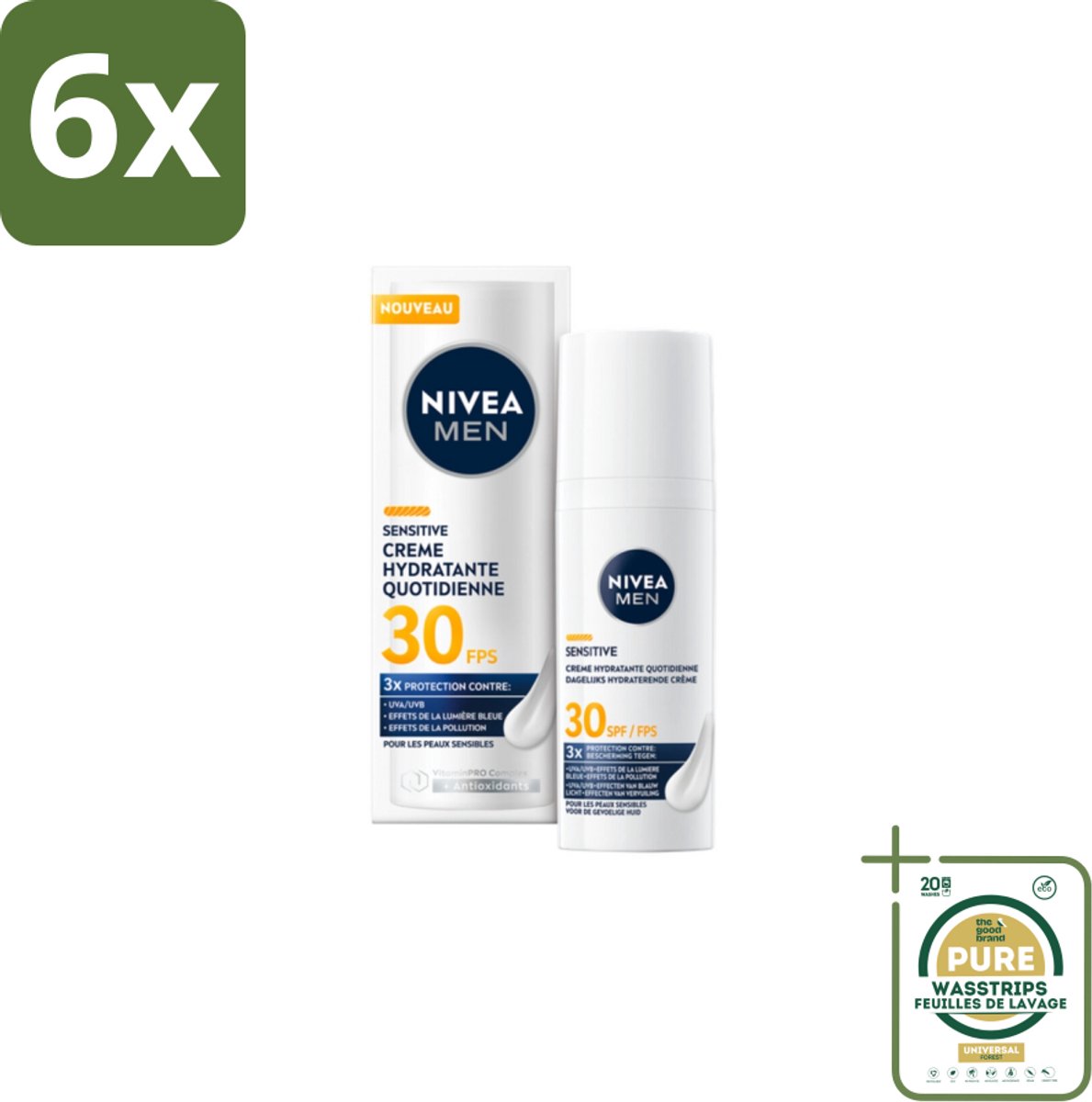 NIVEA MEN – Gezichtscrème – Sensitive, Gevoelige huid, SPF30 – 50 ml - Voordeelverpakking - 6 stuks - SPF30 - Zonbescherming