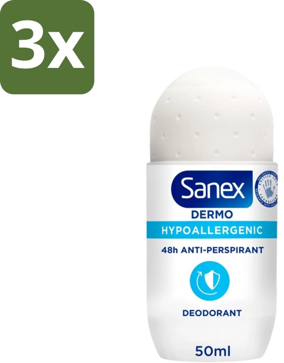 3 x Sanex Dermo - Deodorant Roller - Hypoallergeen - 48h Anti-Transpirant - 50 ml - Deodorant Roller - Hypoallergeen Deodorant - 48h Bescherming - Transpiratie Bescherming - Lichaamsgeur Bestrijding