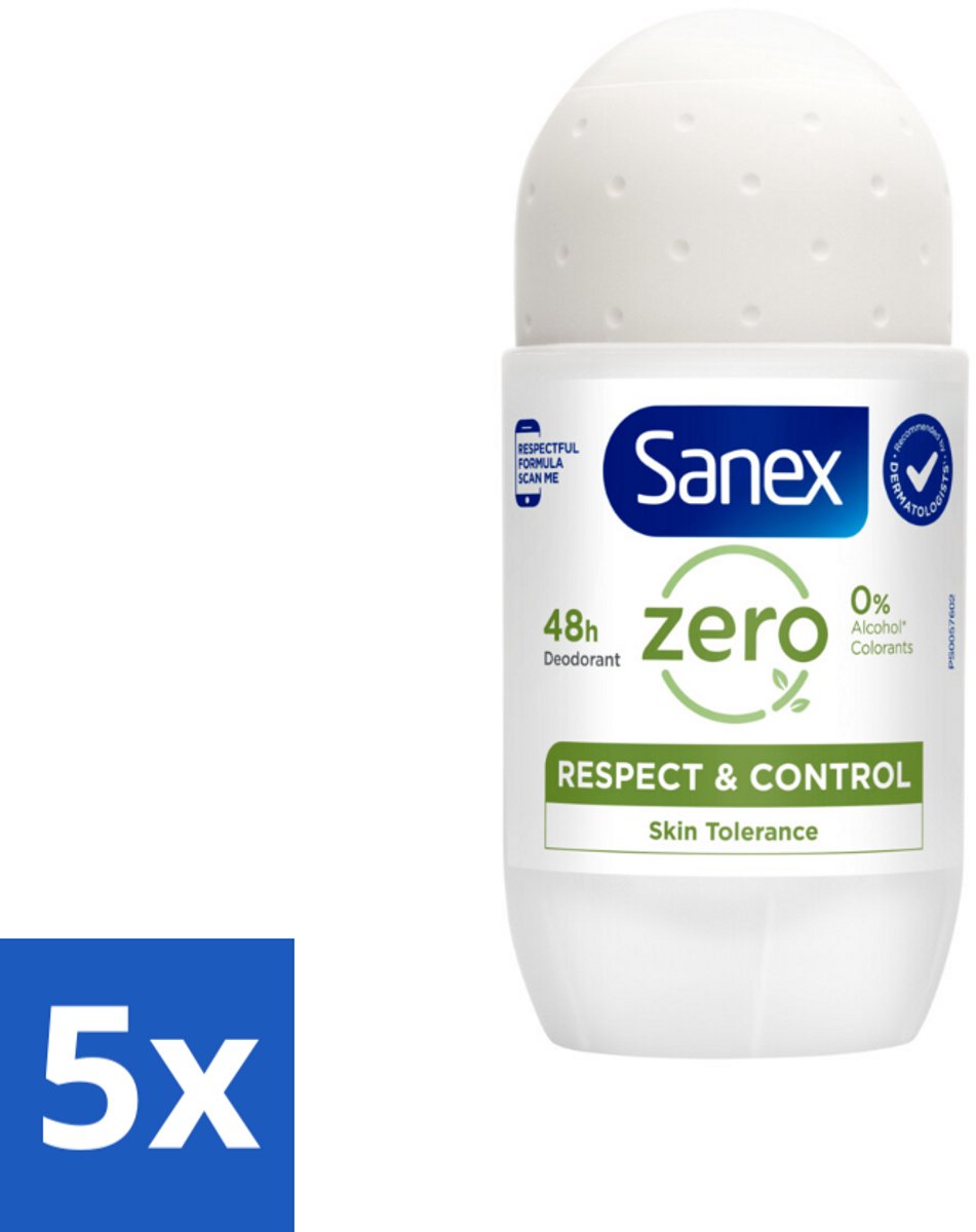 5 x Sanex Deodorant Roller Zero% Normal Skin 50 ml - 24 Uur Deodorant - Aluminiumzouten Vrij - Alcohol Vrij - Huidvriendelijk - Gevoelige Huid