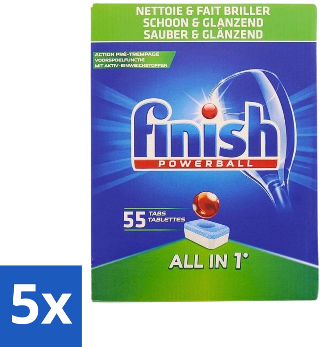 5 x Finish Powerball - All in 1 - Vaatwastabletten - Schoon & Glans - 55 Tabletten - Vaatwasmiddel - Vaatwastablet - Vaat Reinigen - Glans Behouden - Vaat Reinigen Zonder Voor Spoelen