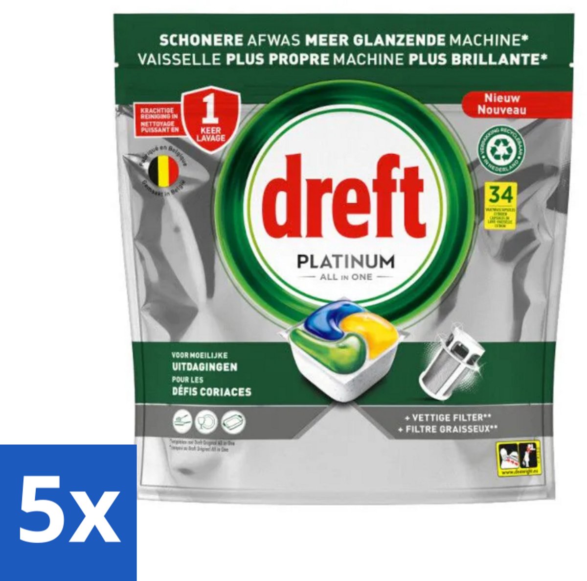 5 x Dreft Platinum - All In One - Vaatwascapsules - Citroen - 34 Afwasbeurten - Vaatwasmiddel - Vaatwascapsule - Citroengeur - Vaatwasser Reinigen - Vetfilter Reinigen