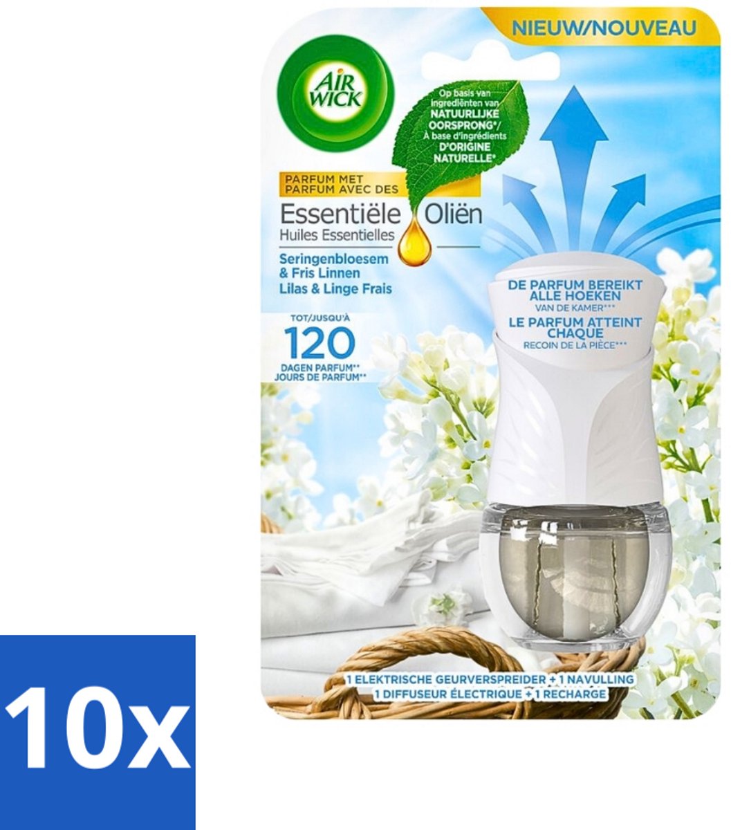 10 x Air Wick Essential Oils - Elektrische Geurverspreider Starterkit - Sering & Fris Linnen - 19ml - Geurverspreider - Sering En Linnen - Elektrische Geurverspreider - Frisse Geur - Luchtverfrisser