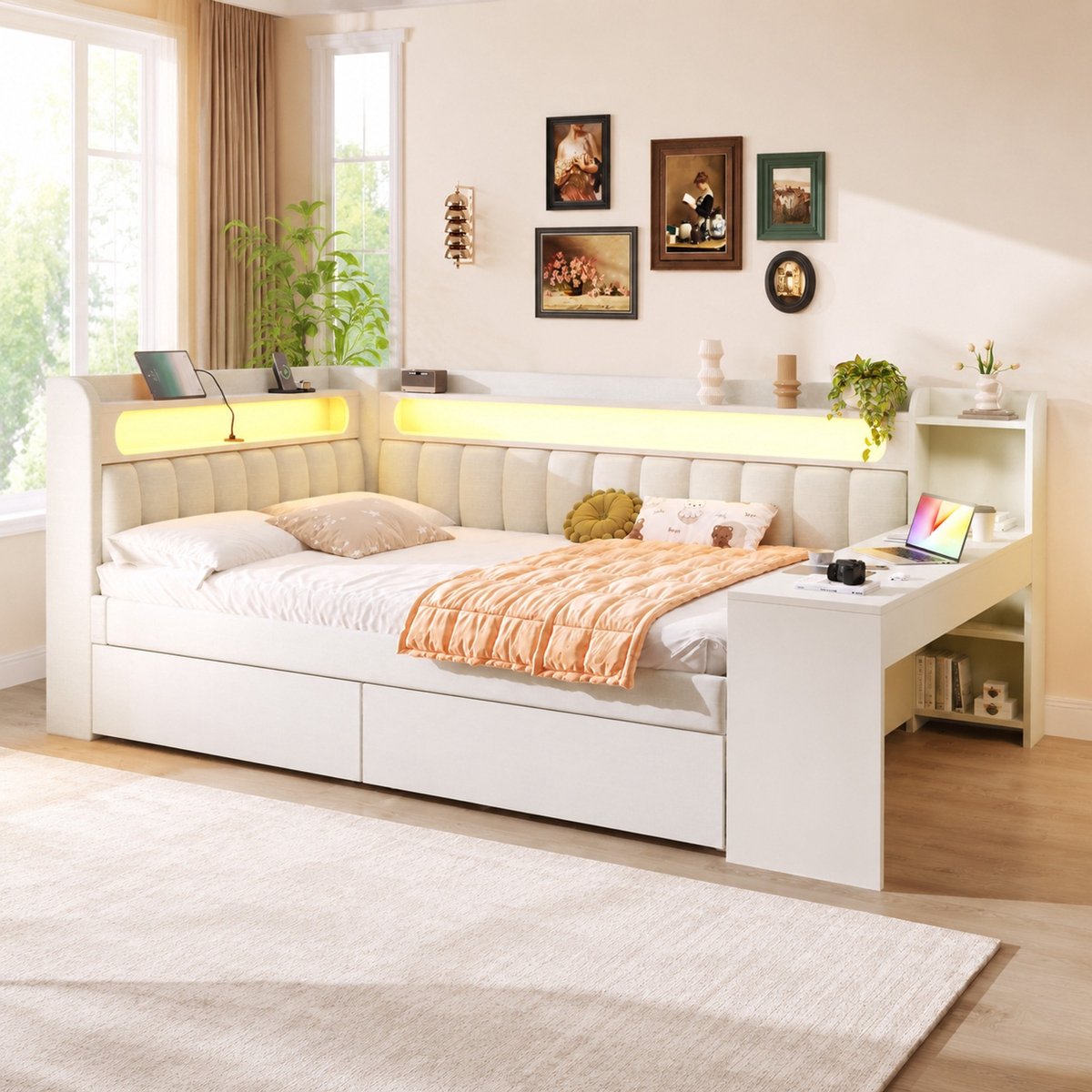Wishdor Bedbank 140x200 cm - Met usb en ledverlichting - Met bureau, 2 lades en opbergruimte - Gepolsterd ontwerp met lattenbodem - Slaapkamer en studeerruimte - Wit