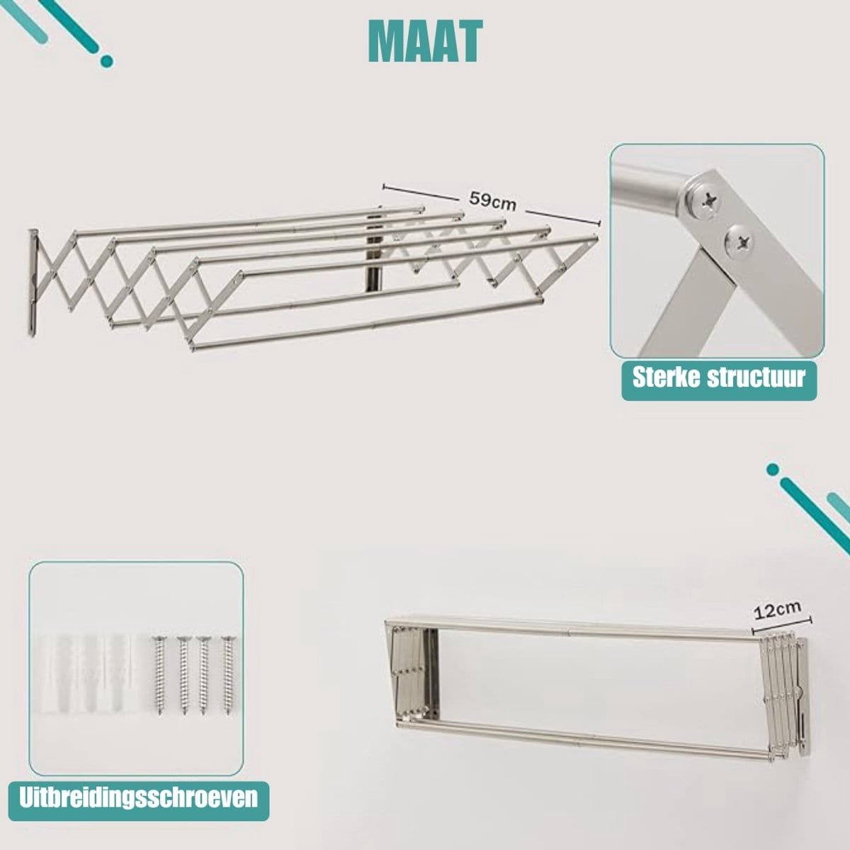 Klarven® Wanddroogrek Zilver Inklapbaar - Uitschuifbaar, met handdoekhouder en kledinghanger - H 80 x B 59 x D 19 cm