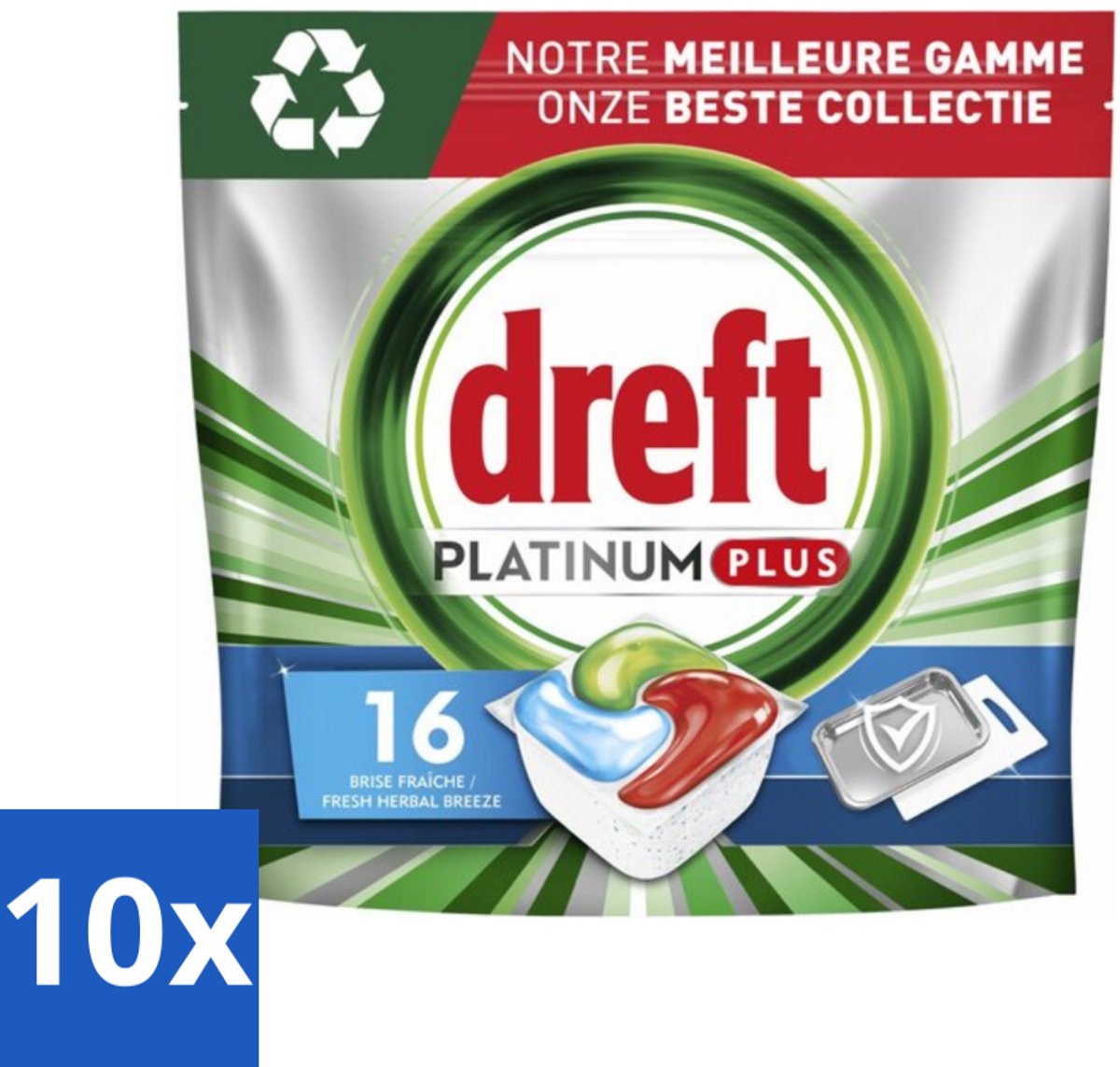 10 x Dreft Platinum Plus - All In One - Vaatwascapsules - Fresh Herbal Breeze - 16 Afwasbeurten - Vaatwassen - Vaatwassen Capsule - Vaatwassen Kruidgeur - Vaatwassen Glans - Vaatwassen Eco