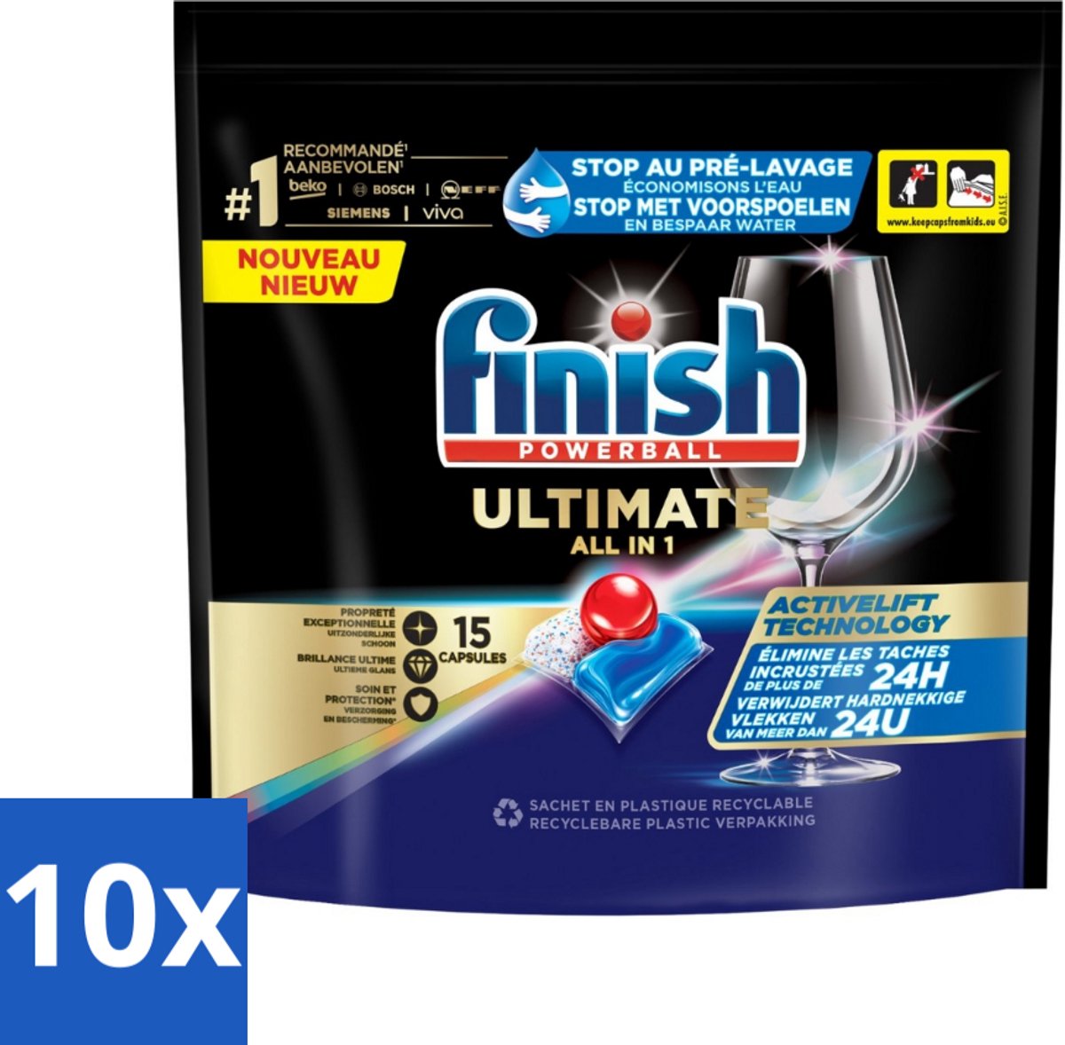 10 x Finish Powerball - Ultimate All in 1 - Vaatwastabletten - Activelift - 15 Capsules - Vaatwastabletten - Activelift - Reiniging - Glans - Vaatwassen