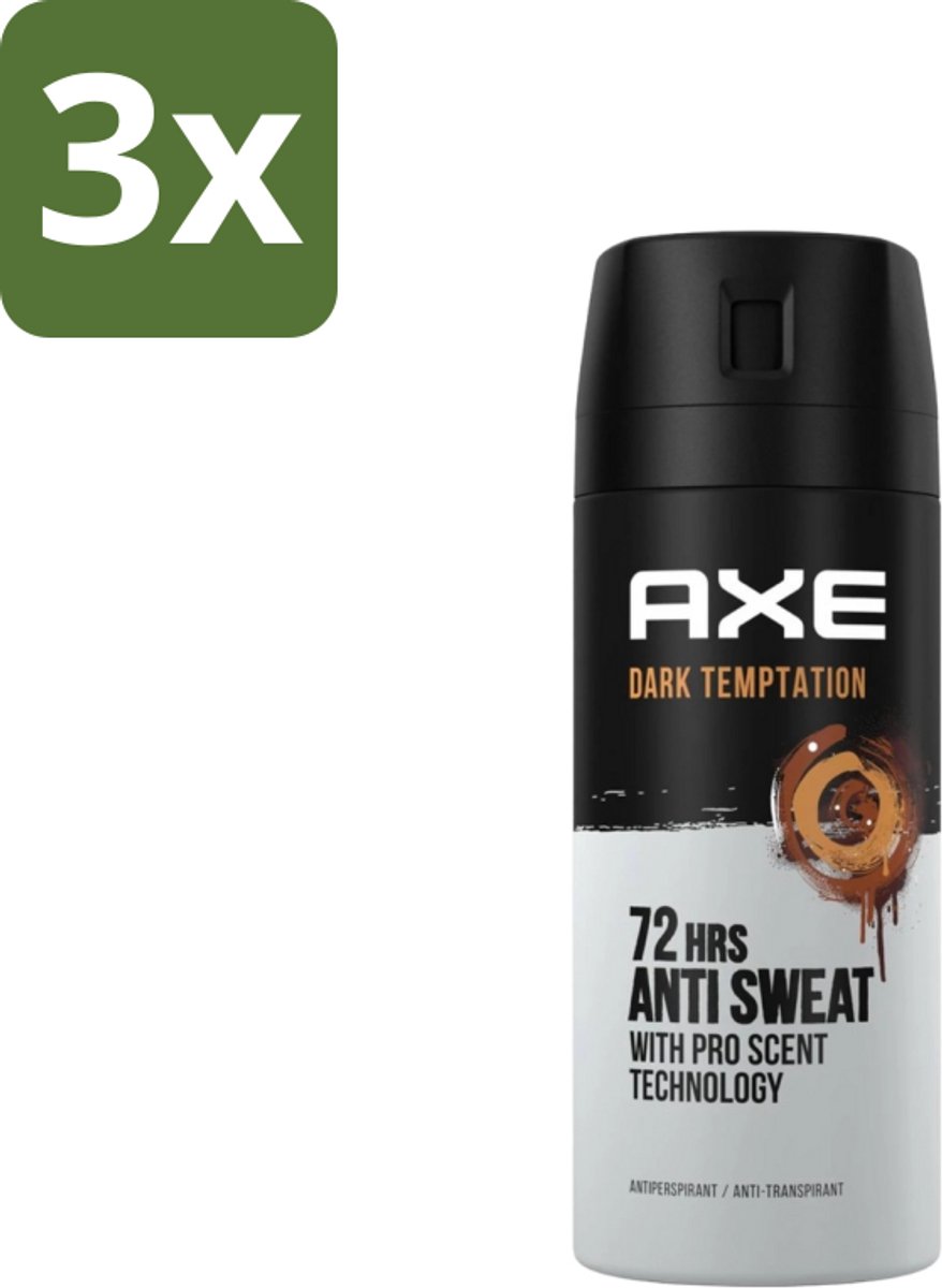 3 x Axe - Deodorant Spray - 72hrs Anti Sweat - Dark Temptation - 150 ml - Anti-sweat Spray - 72 Uur Bescherming - Zweetvoorkomend - Geur Chocolade - Kruiden Geur
