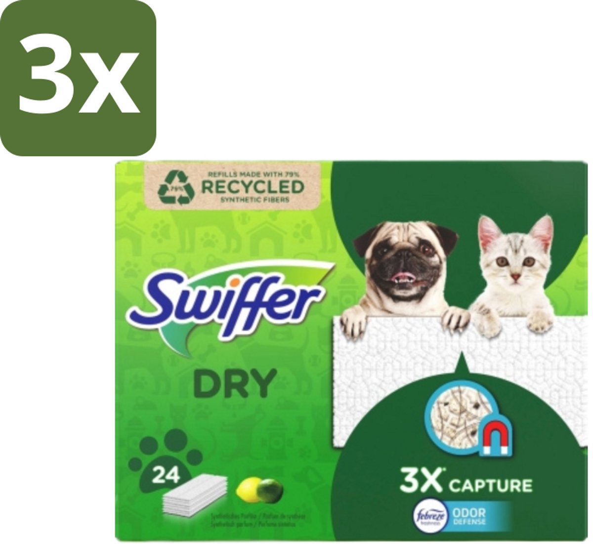 3 x Swiffer Dry - Vloerdoekjes - Navulling - Febreze Citroengeur - 24 Doekjes - Vloerdoekjes - Schoonmaken - Stof Vangen - Vuil Vangen - Haren Vangen