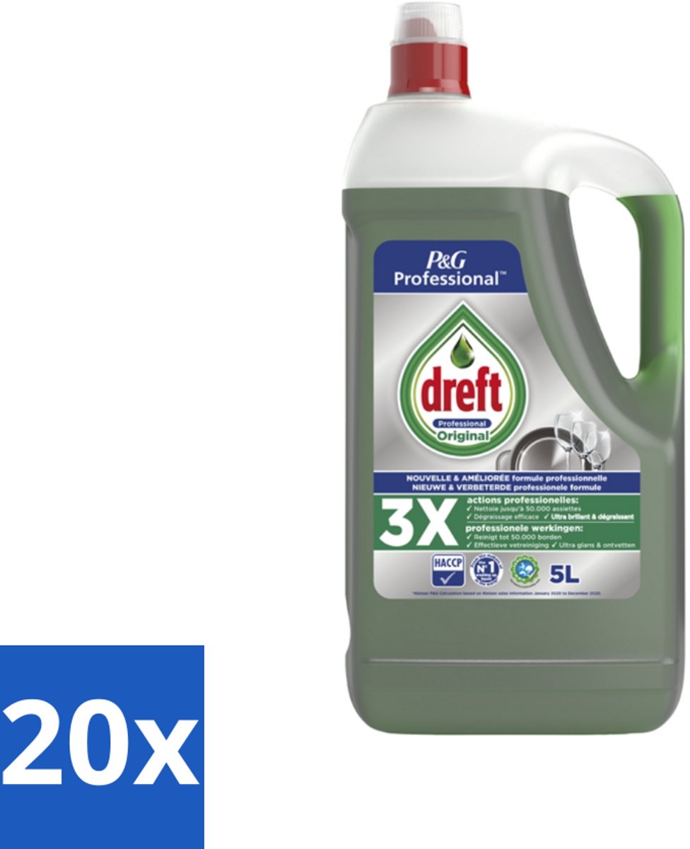 20 x Dreft Professional - Vloeibaar Afwasmiddel - Regular - 5 L - Afwasmiddel - Reinigingsmiddel - Vaat Reinigen - Ramen Reinigen - Spiegel Reinigen