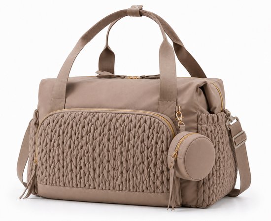 Beige luiertas met gewatteerde panelen, gouden ritssluitingen en een rond etui.