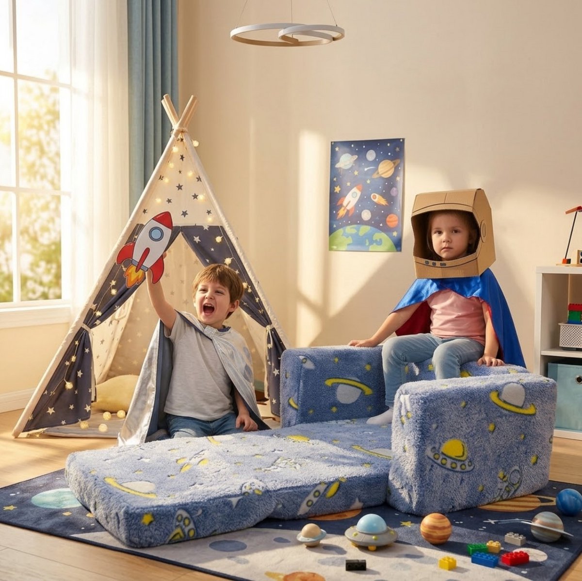 Wishdor Inklapstoel voor kinderen - Opvouwbaar en zacht - Pluche bekleding - Ruimte thema - Voor lezen en spelen - Stof en metaal - Blauw - 65 x 106 x 28,5 cm