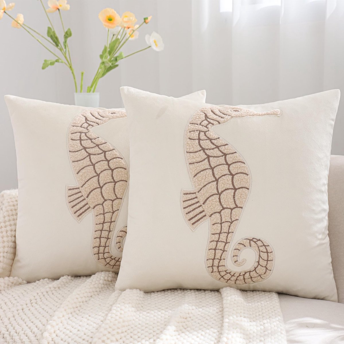 Elzusha - Set van 2 Kussenslopen 45x45 cm met Zeepaardje Borduurwerk