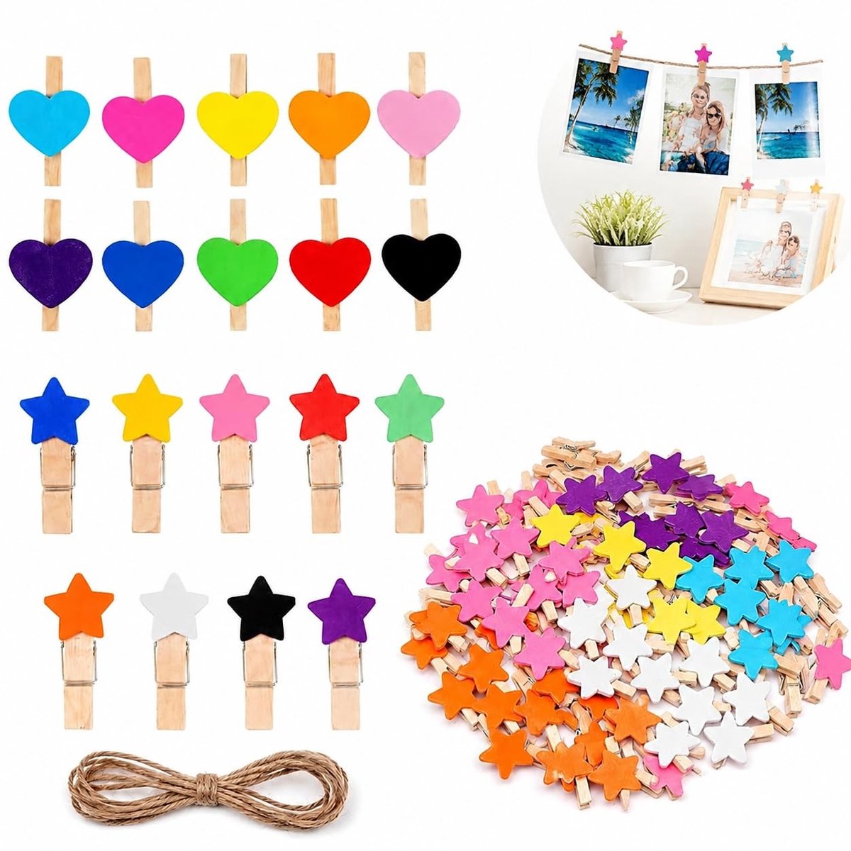 Elzusha - 100 Mini Houten Klemmen met Jute Touw - Decoratieve Clips voor Foto's