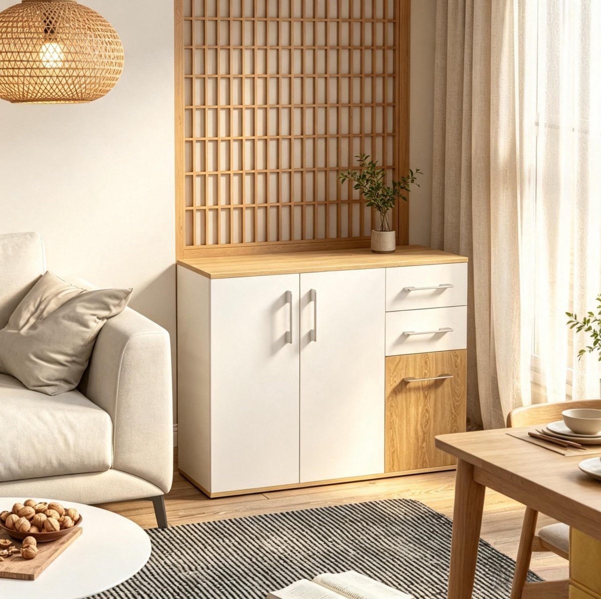 OKWISH Dressoir - Moderne Opbergkast Met 2 Deuren En 2 Lades - Voor Woonkamer Eetkamer Of Keuken - Spaanplaat Wit Naturel - 90x30x75,5 cm