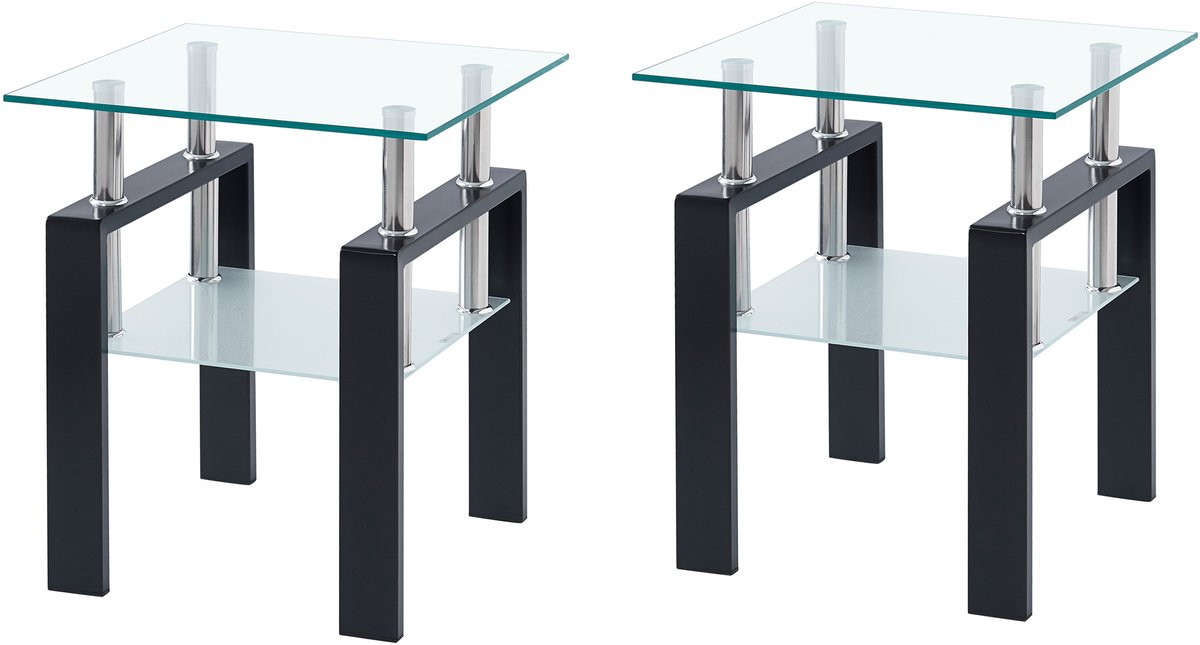 STILVORA Bijzettafel - Set Van 2 Van Gehard Glas - Modern Voor Woonkamer En Bureau - Transparant En Zwart - 50,5x50,5x23 Cm