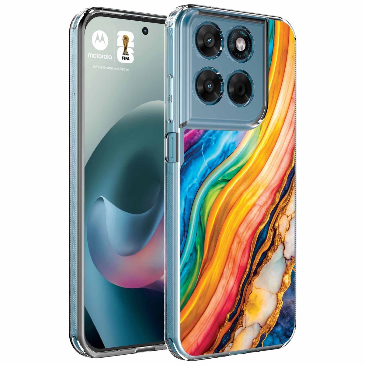 Smartphonica Geschikt voor Motorola Moto G77 Telefoonhoesje met Goud Regenboog Marmer opdruk - Draadloos op te laden - Shockproof Siliconen TPU Strong Case - Sterk Schokbestendig Telefoonhoesje geschikt voor Motorola Moto G77