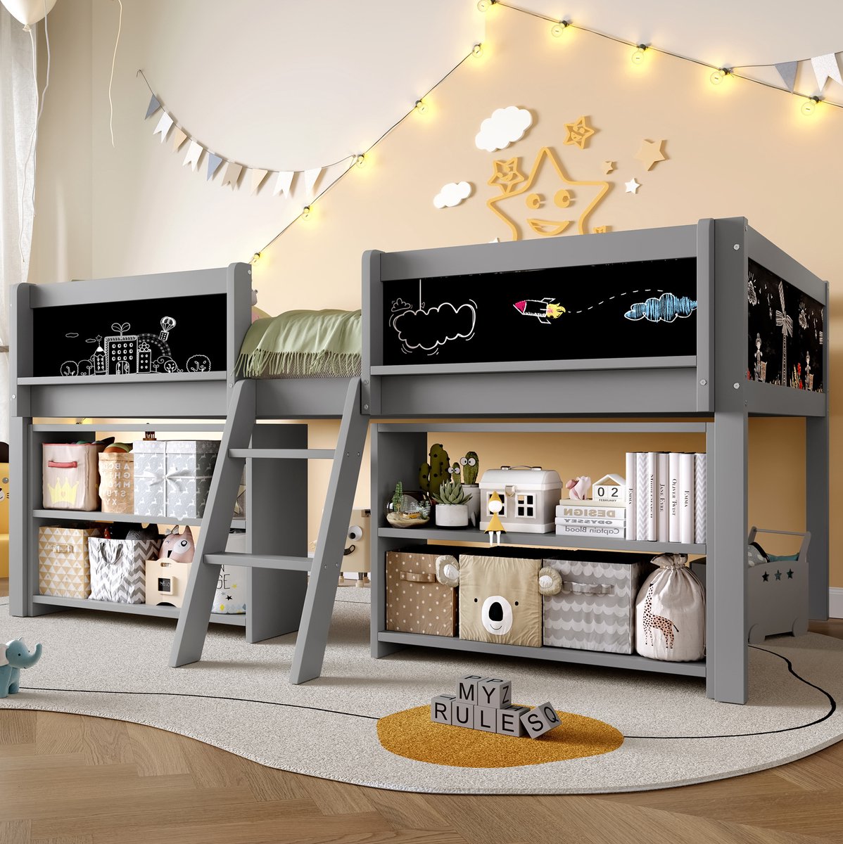 Wishdor Halfhoogslaper 90x200 cm - Met opbergvakken en tekenbord - Met veiligheidshek en ladder - Minimalistische stijl - Kinderkamer - Hout en MDF - Grijs