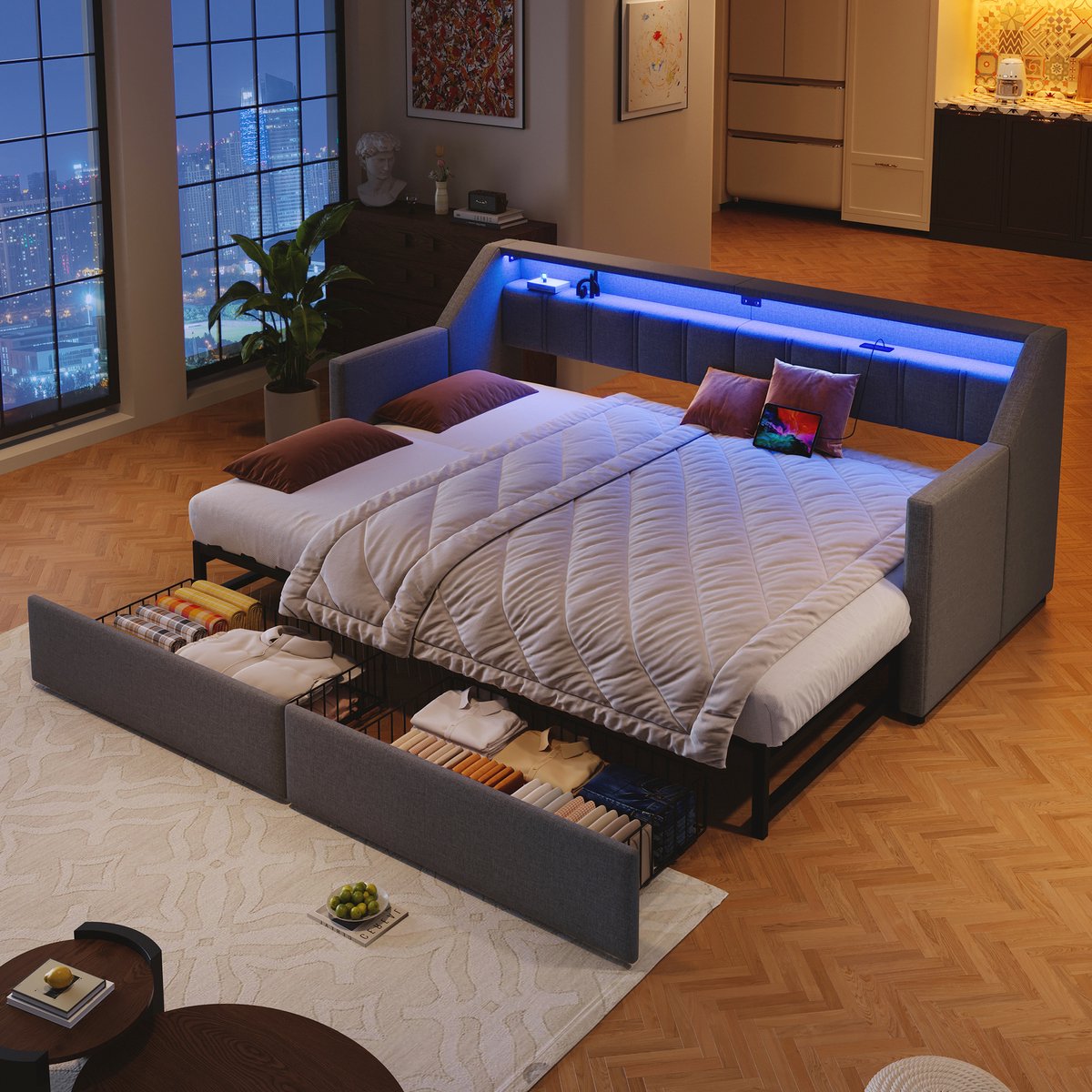 Multifunctioneel dagbed 90x200 cm - Uitschuifbaar tot tweepersoonsbed 180x200 cm - Grijs - Met USB-C, LED-lichtstrip, 2 opberglades en opbergzakken - Zachte linnen bekleding