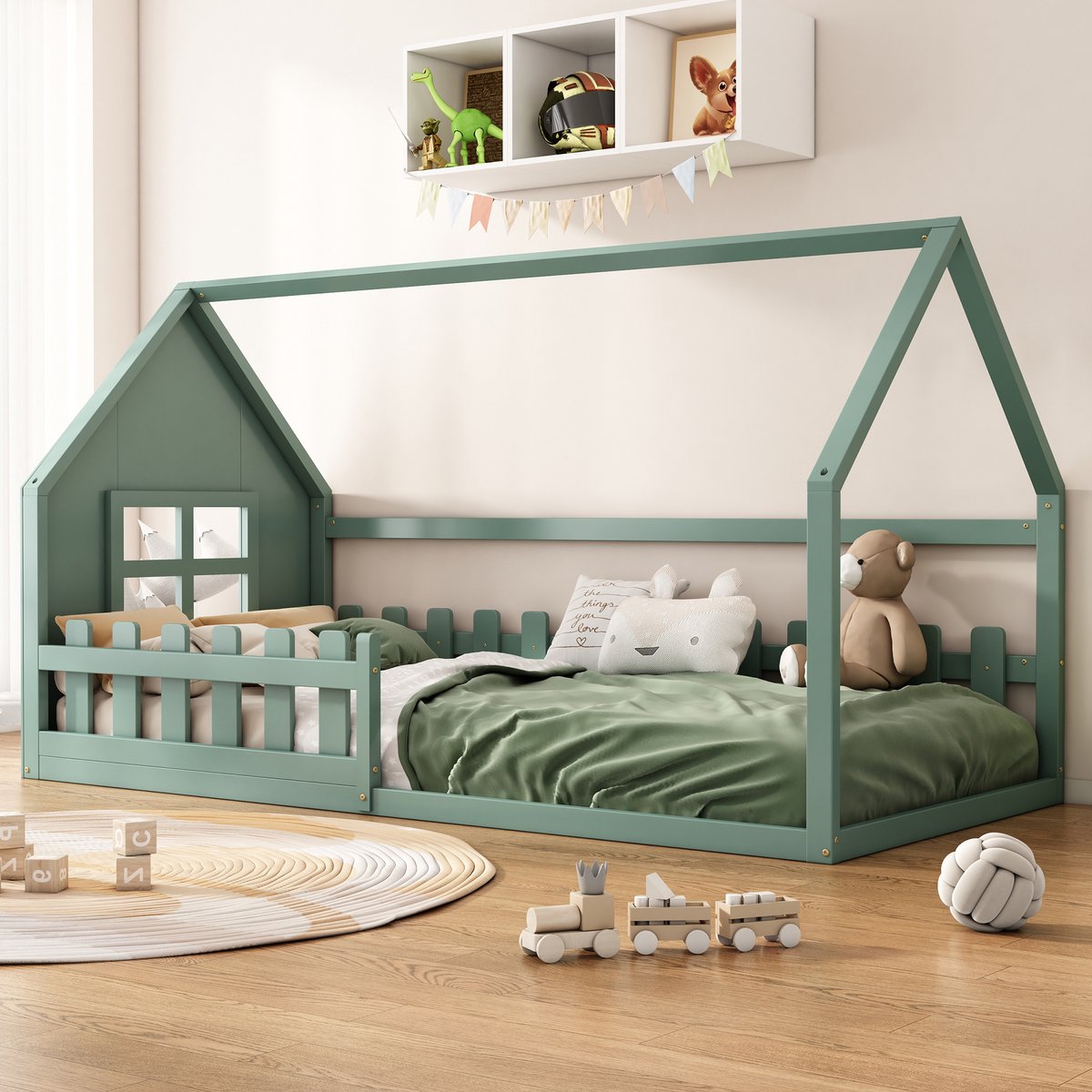 Huisbed 90x200 cm - Speels kinderbed in groene huisvorm - Inclusief 7-delige lattenbodem - Minimalistisch en stevig design van massief grenen en MDF - Stimuleert fantasie en creativiteit