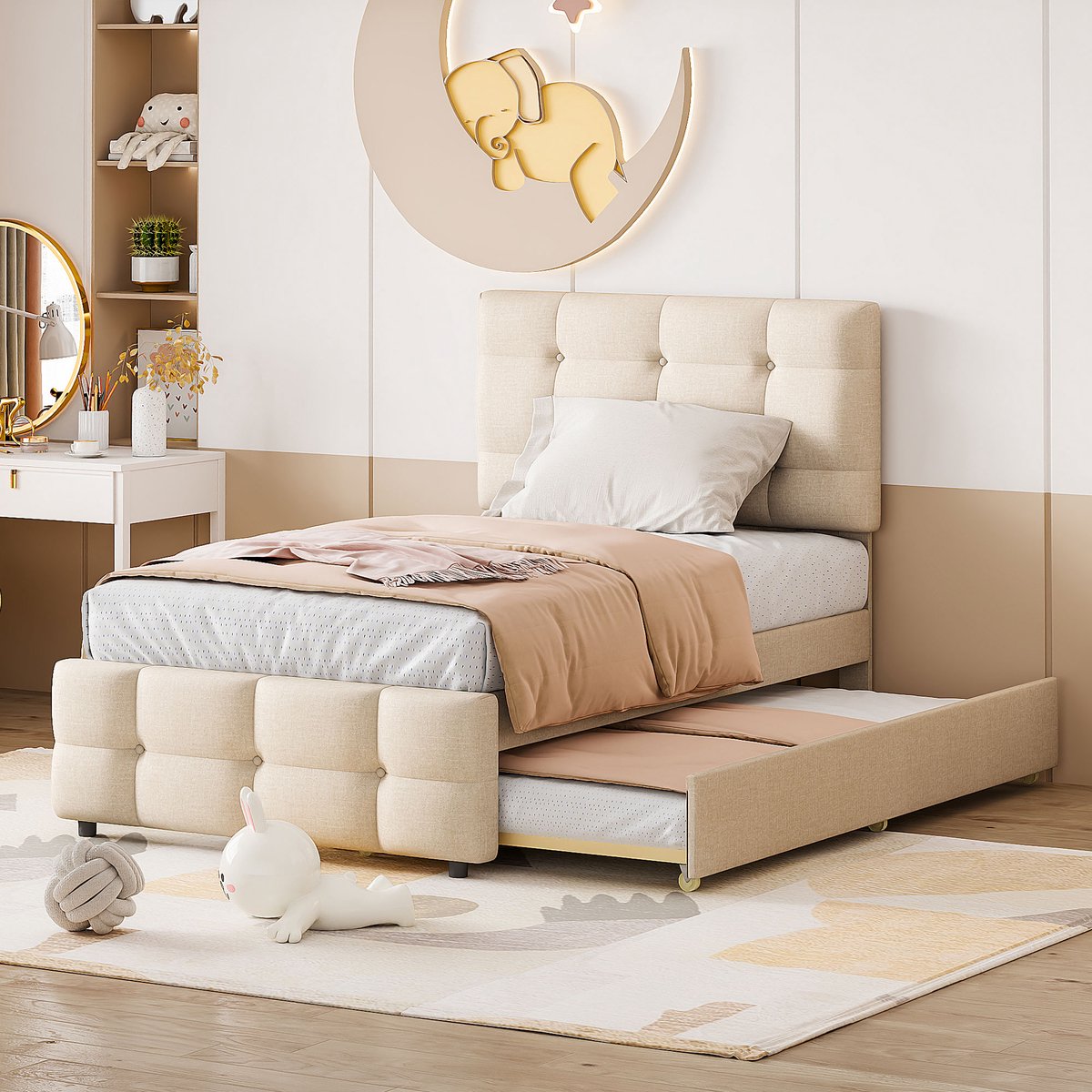 Gestoffeerd kinderbed met uitschuifbaar bed - 90x200 cm - 2-in-1 slaapplaats - Beige - Verstelbaar hoofdeinde met knopen - Huidvriendelijk linnen - 18 latten - Belastbaar tot 150 kg - Geschikt als kinder- en logeerbed