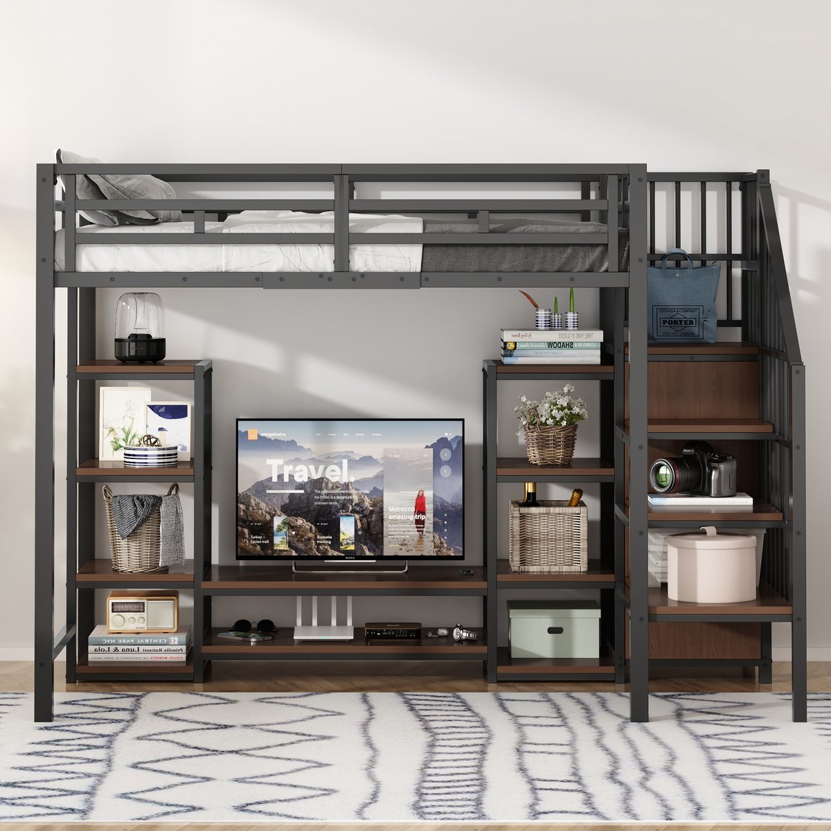 Hoogslaper met tv-meubel en stopcontact - 90x200 cm eenpersoons - Zwart - Opbergtrap met veiligheidsladder - Stabiel metaal-hout frame - Ruimtebesparend voor kinderkamers