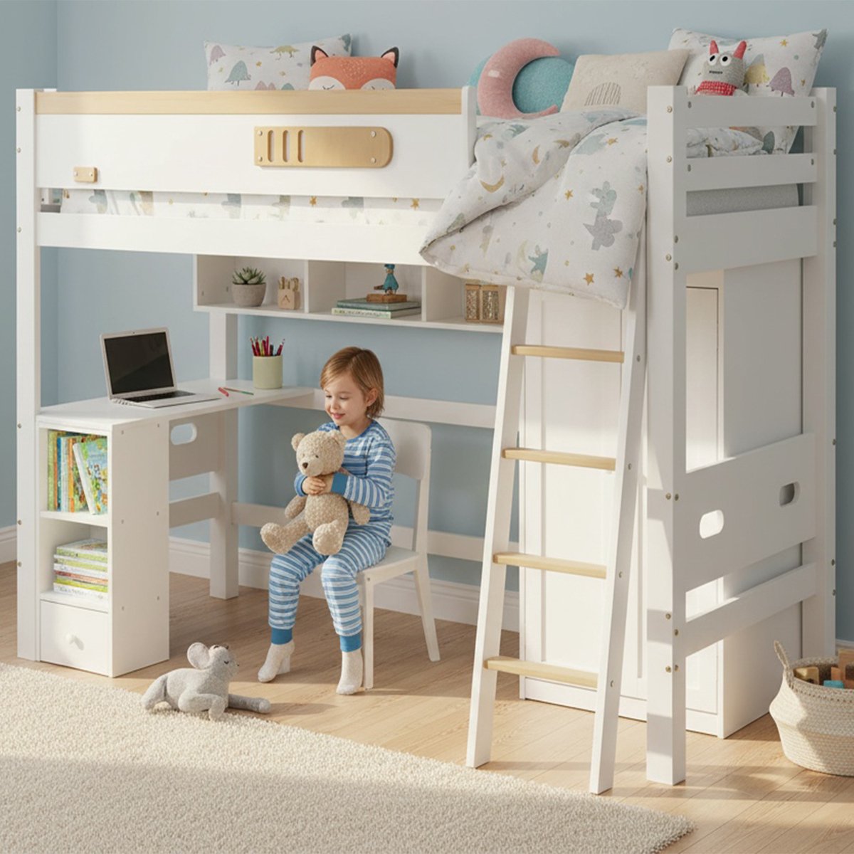 Houten stapelbed met bureau en kleerkast - 90x200 cm - Wit + naturel - Geïntegreerde studeerplek en open legplanken - Veiligheidshekken bovenbed - Vier-trede ladder - Grenen, MDF en multiplex - FSC-gecertificeerd