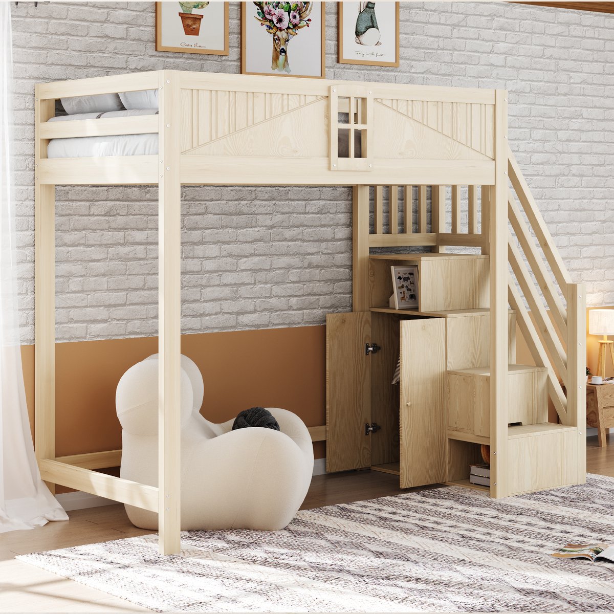 Massief houten hoogslaper met veiligheidsdeur en raam - 90x200 cm eenpersoons - Houtkleur - Verwisselbare opbergtrap links en rechts - Open ruimte onder het bed vrij in te richten