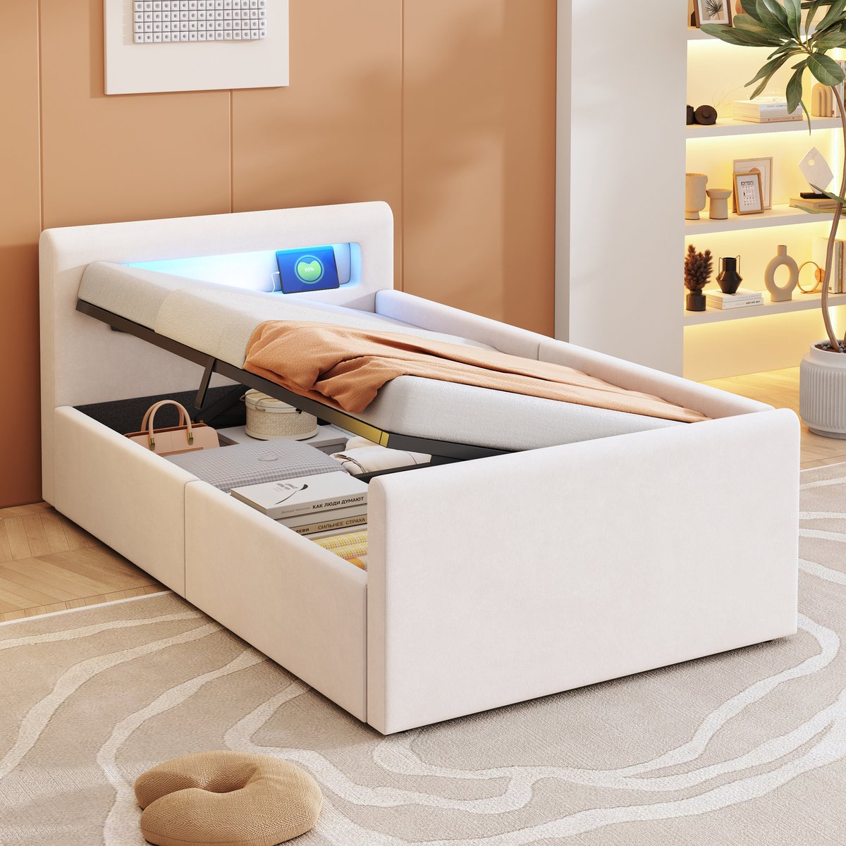 Gestoffeerd kinderbed voor jongens en meisjes - LED-nachtlampje, USB en hydraulische opbergruimte - 90x200 cm - 1 persoon - Beige - Omkeerbare rugleuning in bankstijl - Stevig tot 200 kg