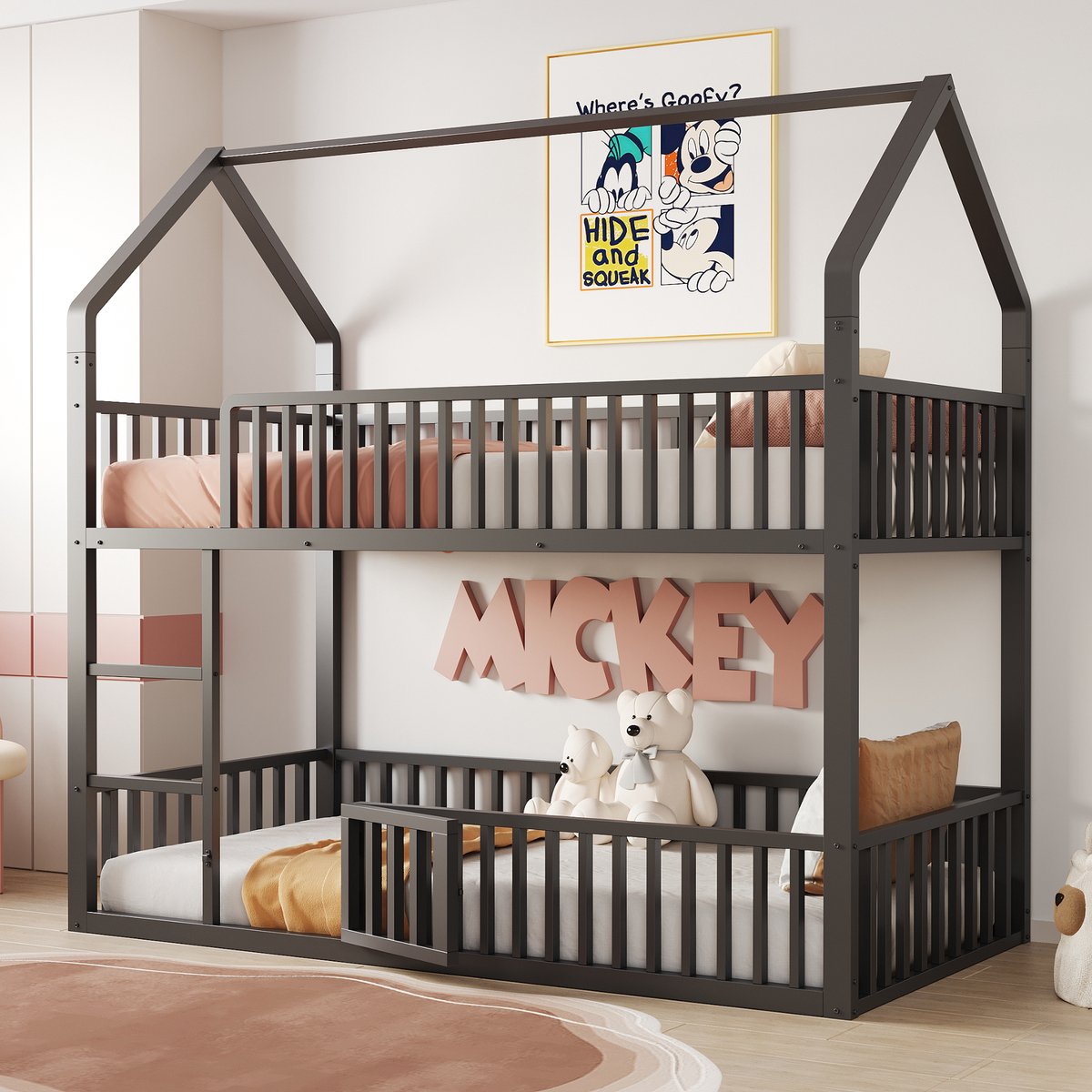 Metalen stapelbed in huisvorm - Speelhuis met afsluitbare deur en ladder - 90x200 cm, 2 personen - Zwart - Volledige valbeveiliging rondom - Stabiel stalen frame met 20 latten