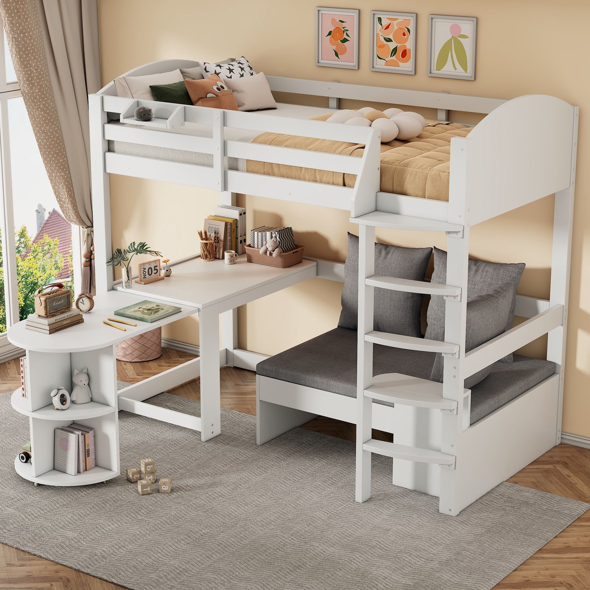 Multifunctioneel kinderhoogslaper 90x200 cm - met uitschuifbaar bureau en opbergbank - wit - incl. 3 kussens en opbergrekken - stevig massief houten frame