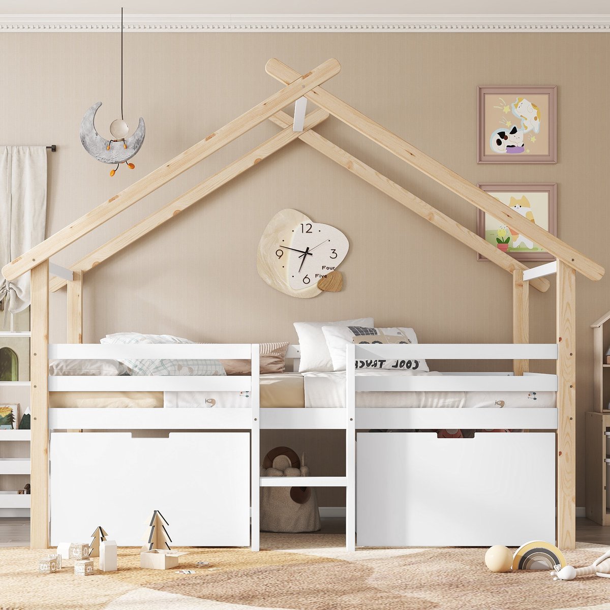 Huisbed halfhoog met dak, trap en opbergkasten - veilig en fantasierijk voor kinderkamer - 90x200 cm eenpersoons - wit+natuur - vierzijdige omheining en 2 verrijdbare opbergboxen - massief grenenhout en MDF