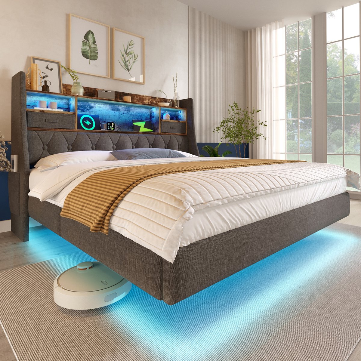 Gestoffeerd zwevend bed met LED en laadstation - 160x200 cm tweepersoons - grijs linnen - hoofdeinde met opbergvak en stoffen zijvakken - 1x USB-C snelladen en 3x USB - 60.000 kleuren app-gestuurd - stevig metalen frame