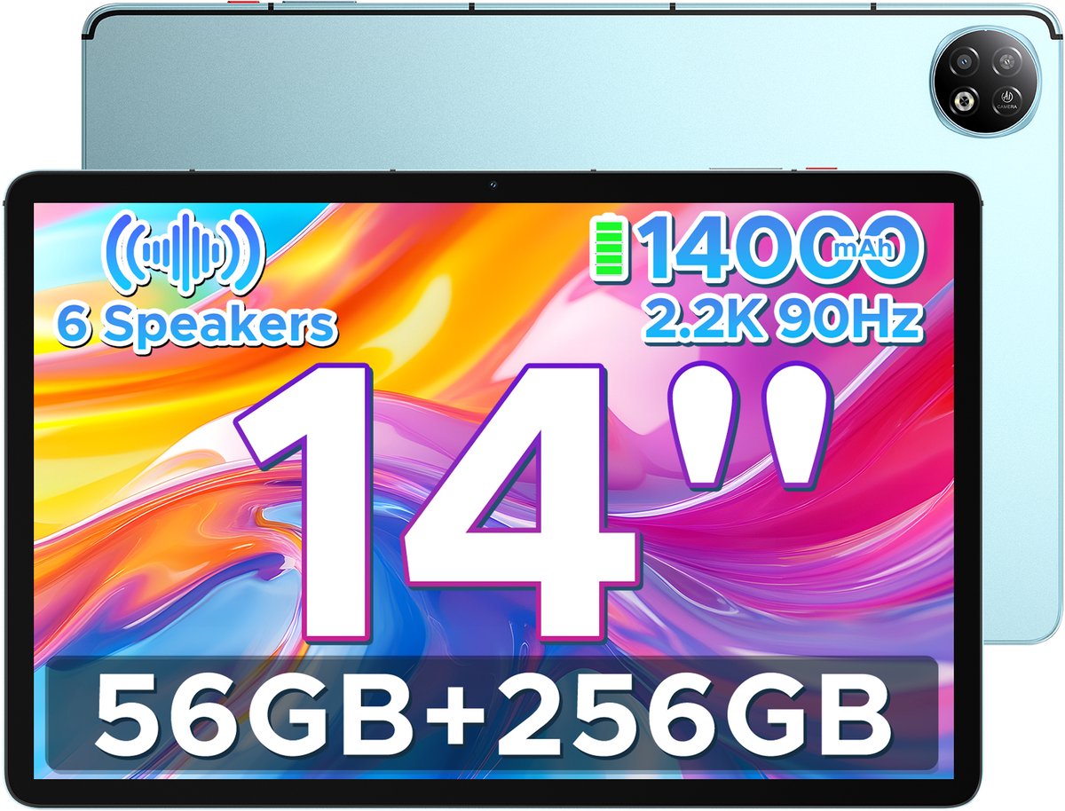 DOOGEE U14 - Tablet - 56 GB RAM (6+50 GB) + 256 ROM (2TB/TF) - GAMINI AI - 14 inch 2.2K+90 Hz - 14000 mAh/33W - 6 Speakers - RK3576S AI - 16 MP+8 MP - Android 16 - WiFi 6 - OTG - Blauw