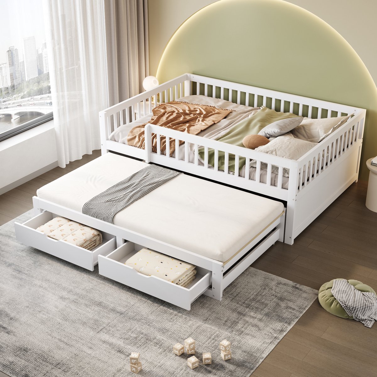 Massief houten bed met uitschuifbed en volledig veiligheidshek - multifunctioneel voor kind en logé - 140x200 cm - wit - met 2 opberglades en lattenbodem - massief grenen