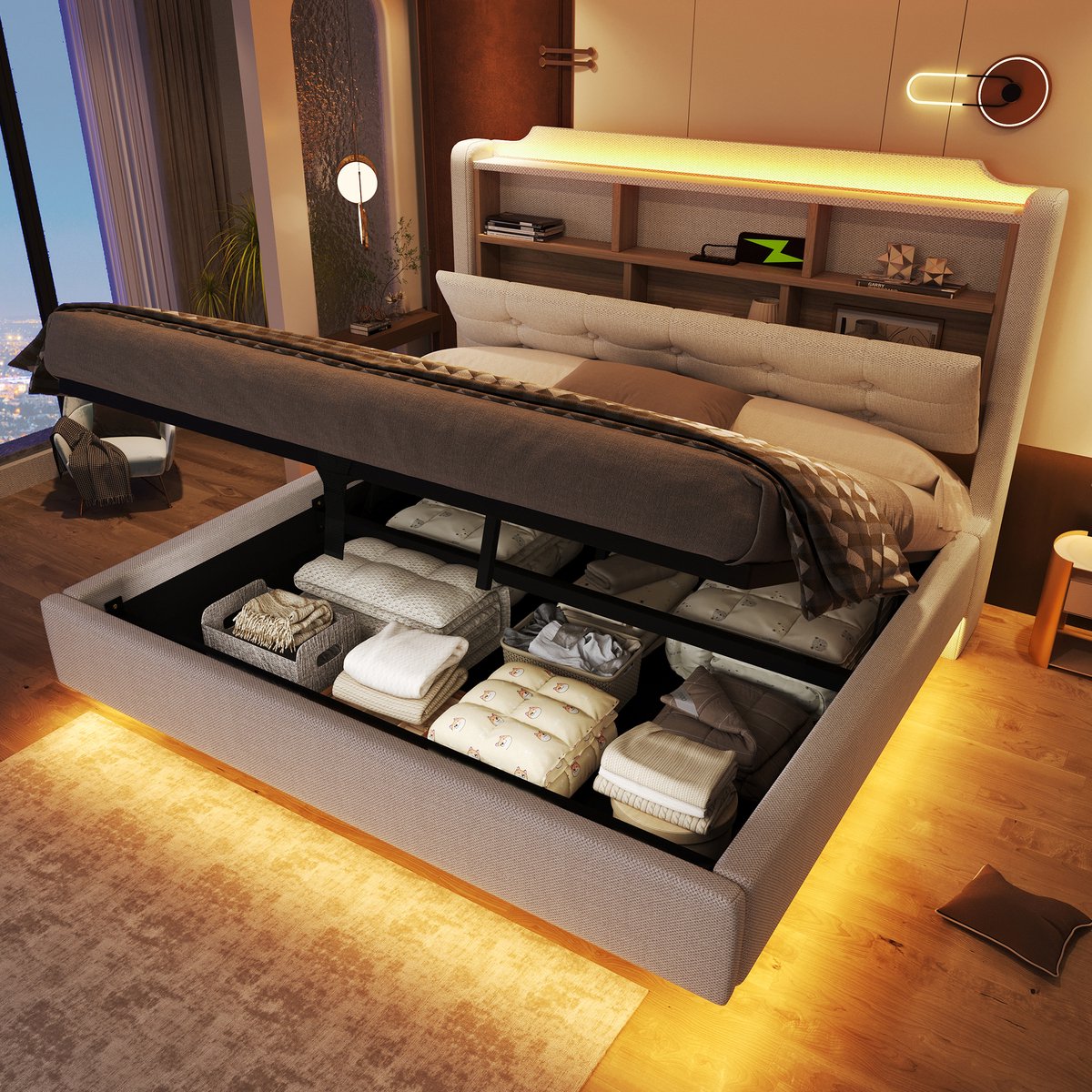 Gestoffeerd bed 140x200 cm - met hydraulische opbergruimte, LED-app-bediening en zwevend hoofdeinde - tweepersoons - beige linnen - USB/Type-C poorten en opbergvakken - zonder matras