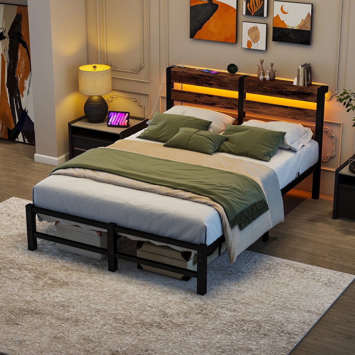 Metalen bedframe met LED en USB - 120x200 cm eenpersoons - Zwart - RGB-LED met muziekmodus en app-bediening - 2 USB-poorten - 27 cm opberghoogte
