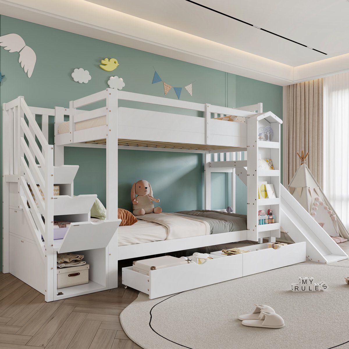 Stapelbed met glijbaan en opbergtrap - 90x200 cm eenpersoons - Wit - Met boekenrek en 2 lades - FSC-gecertificeerd - Met veiligheidsreling en stevige lattenbodem - Geschikt voor kinder- en tienerkamers