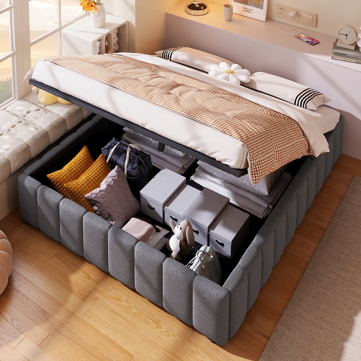 Gestoffeerd bed 140x200 cm - Hydraulische opbergruimte, ontwerp zonder hoofdeinde - Grijs - Linnen bekleding en MDF-frame - Strak en modern