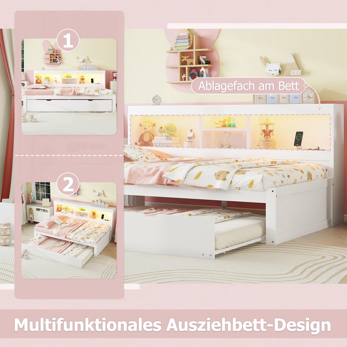 Dagbed met uitschuifbed en LED-sfeerverlichting - 90x200 cm - Wit - Inclusief opbergvakken, stopcontact en USB-poort - Geschikt als slaapbank en logeerbed