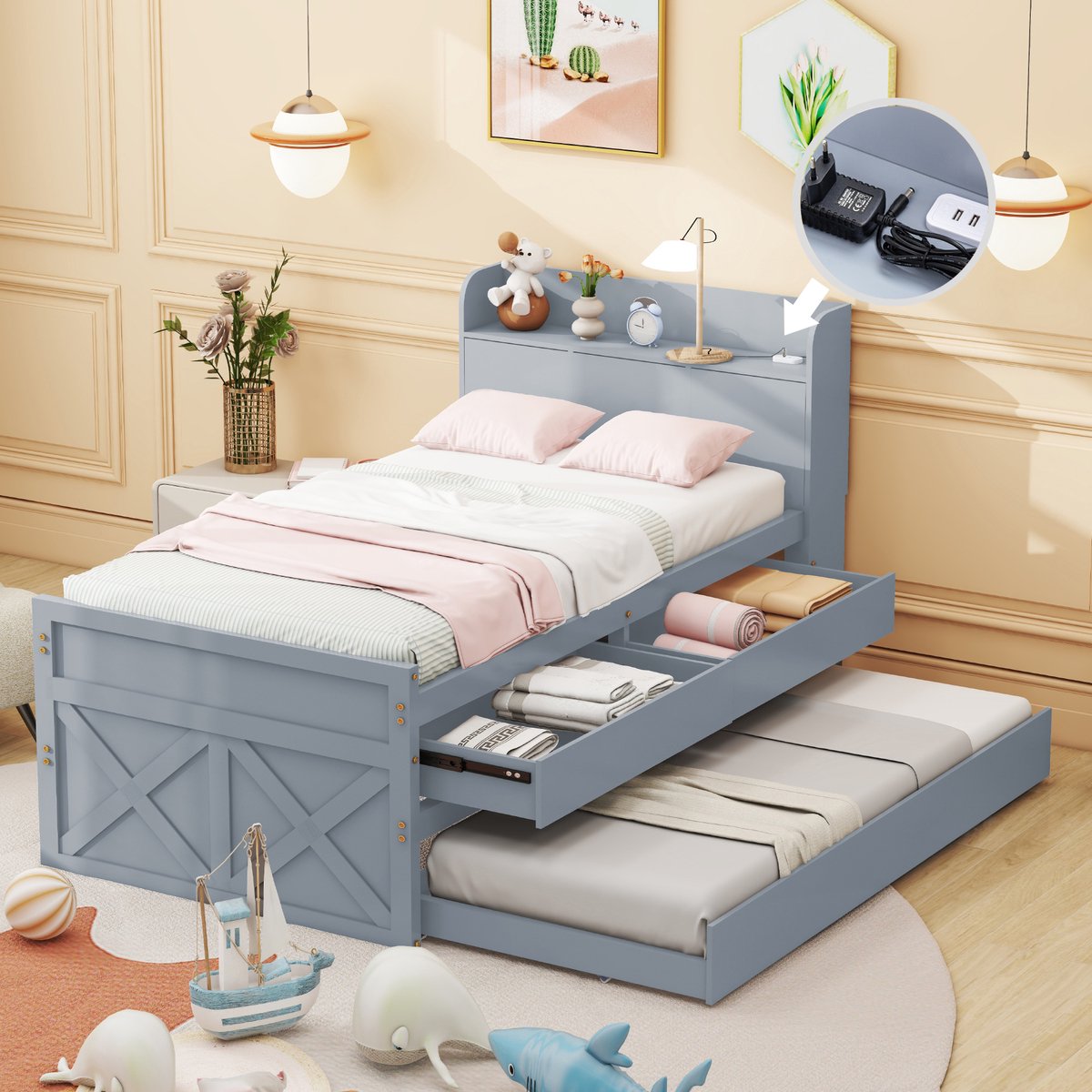 Massief grenen bed 90x190 cm - Met uitschuifbaar logeerbed en nachtkastje met USB - Grijs - 2 opberglades - 30 latten - Geschikt als jeugd- en gastenbed