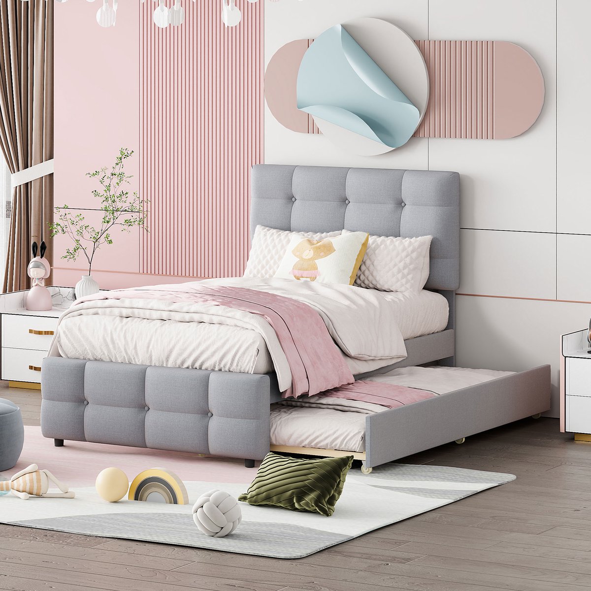 Gestoffeerd kinderbed met uitschuifbaar bed - 2-in-1 slaapoplossing voor kind of logé - 90x200 cm - Grijs - Verstelbaar hoofdeinde met knopen - Inclusief lattenbodem