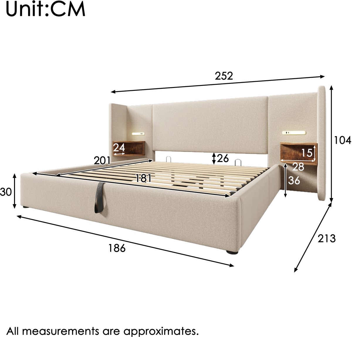 Gestoffeerd tweepersoonsbed 180x200 cm - Met geïntegreerd nachtkastje, leeslamp en USB Type-C - Beige - Hydraulische opbergruimte en massief houten lattenbodem