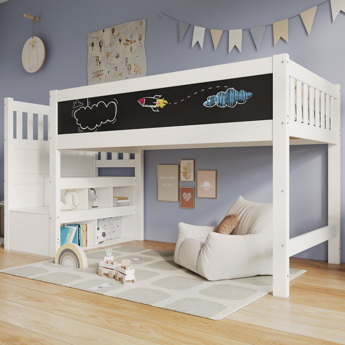 Kinder hoogslaper met Witboard en opbergtrap - creatief en veilig voor de kinderkamer - 90x200 cm eenpersoons - wit - EN 747 gecertificeerd - 4 opbergvakken in trap - flexibele ladder links/rechts monteerbaar