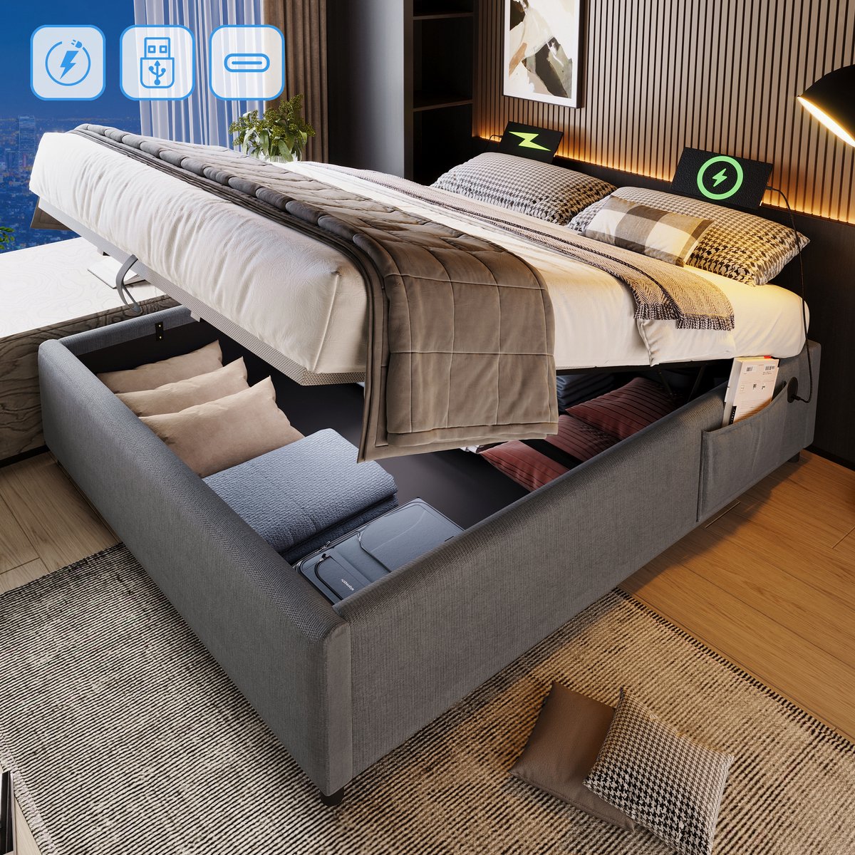 Gestoffeerd opbergbed 140x200 cm - Volledige houten plaatbodem en USB-C - 2 personen - Grijs - Hydraulisch liftsysteem - Compact zonder hoofdbord - Stabiel tot 200 kg